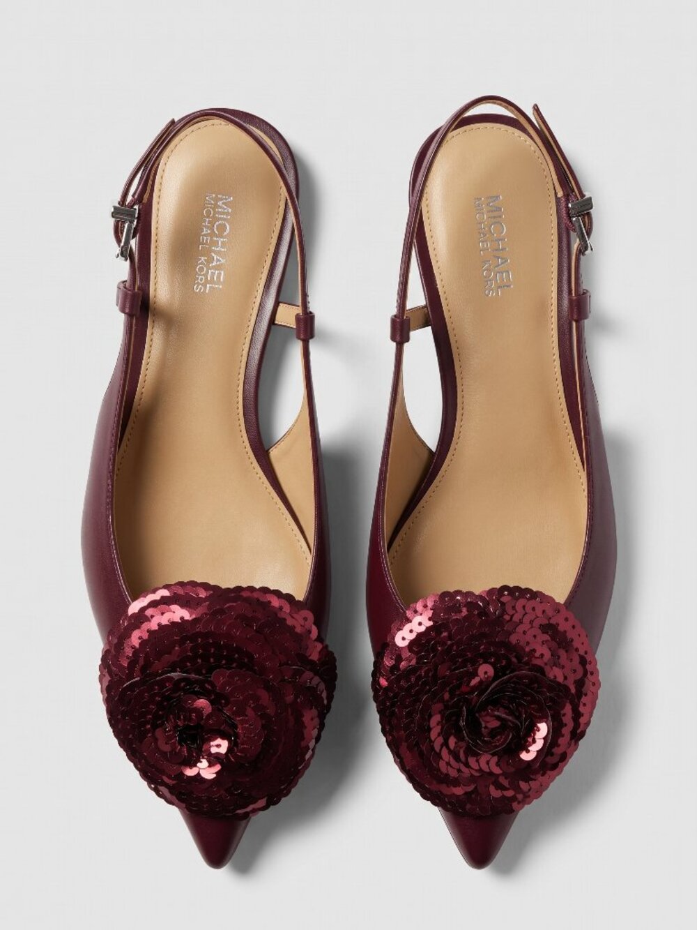 Michael Kors Elodie Slingback Flats Burgundy Sequin Flower Pointed Toe Shoes - Picture 3 of 3